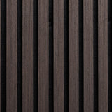 Dark brown wood slat panel with vertical grooves and a textured finish, shown as a close-up material sample.