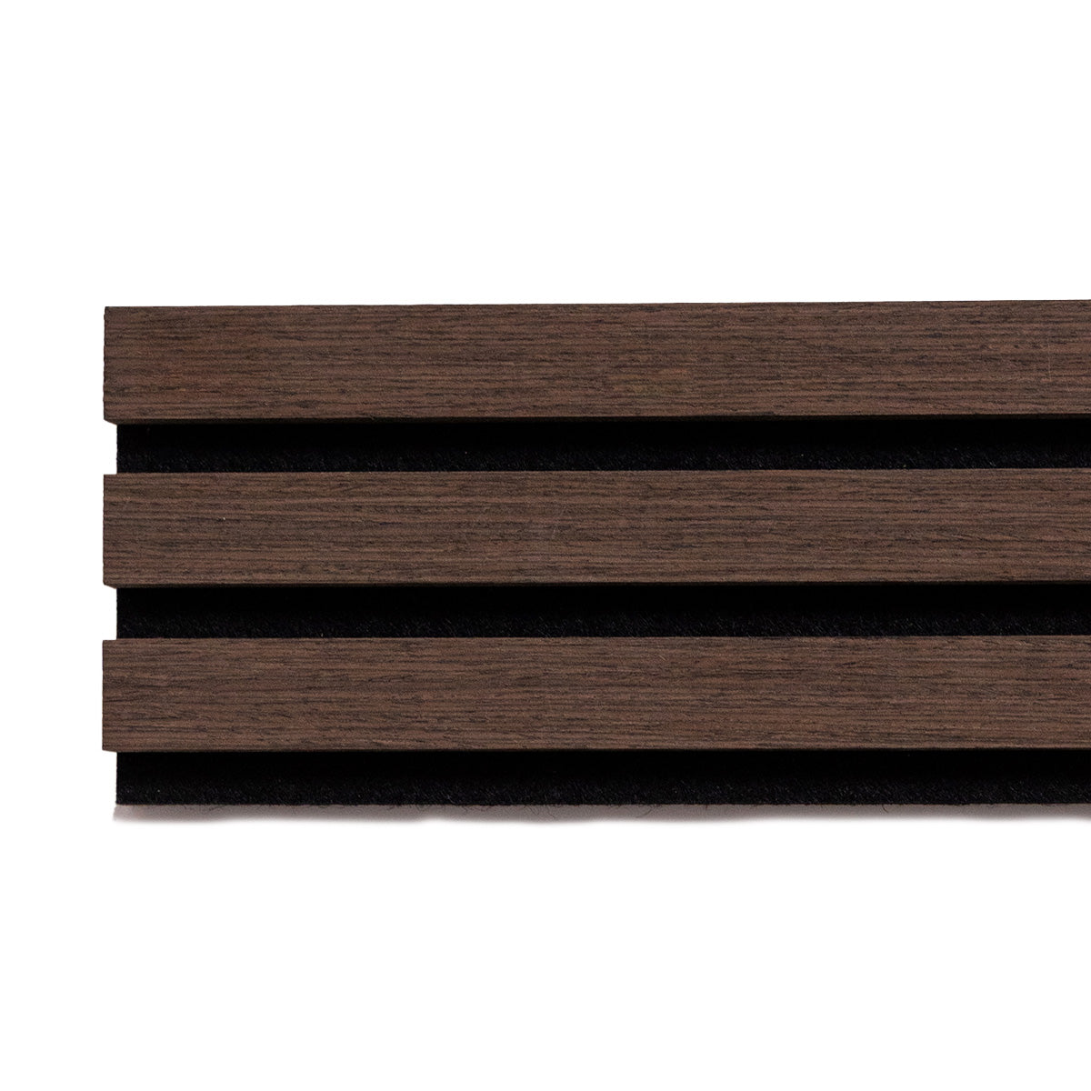 Dark brown wood slat panel sample with a visible wood grain texture on a white background.