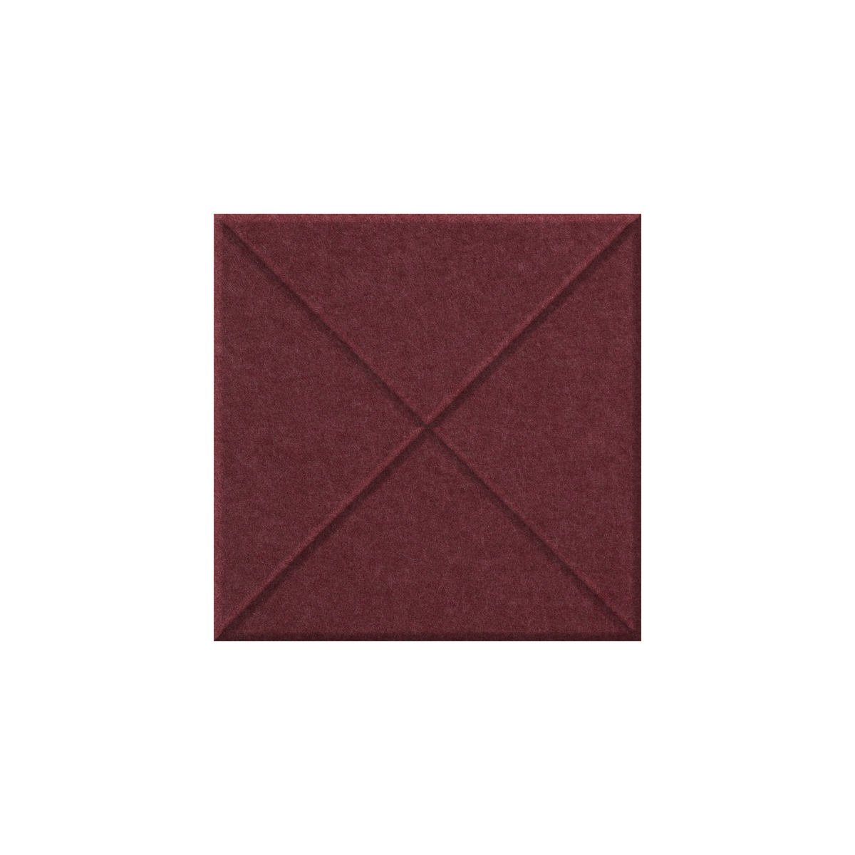 A square fabric swatch in a deep burgundy or maroon color, showing a fine textured weave with a stitched geometric pattern of intersecting diagonal lines forming an X shape in the center, isolated on a solid white background.
