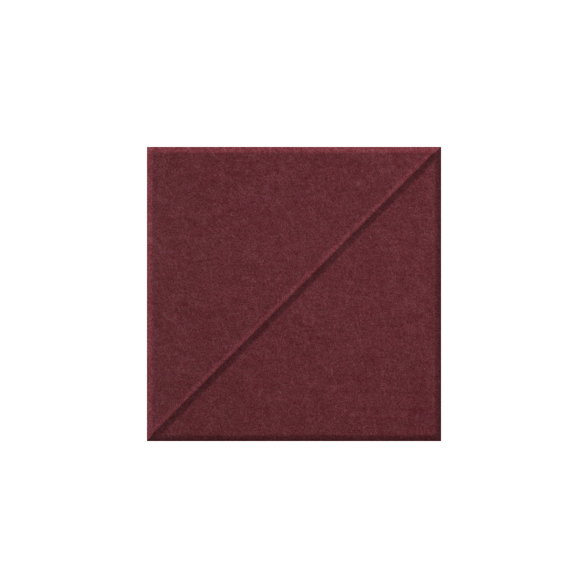 A square fabric or felt swatch in a deep burgundy red color, featuring a diagonal seam across the center, shown on a plain white background.