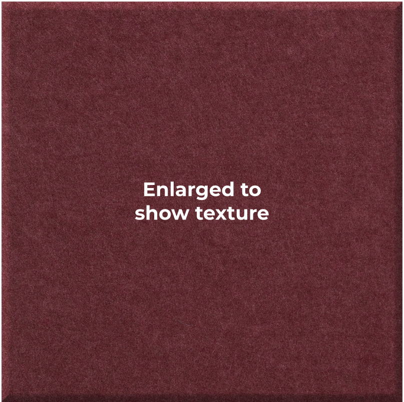 A close-up of a burgundy textured material with the centered text 'Enlarged to show texture' in white.