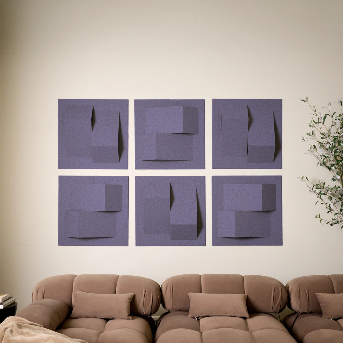 Soft purple dimensional felt wall tiles for acoustic sound absorption and modern interior design 