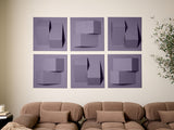 Six purple tiles with geometric cutouts and dimensional shapes in varying shades arranged in grid above tan sofa.