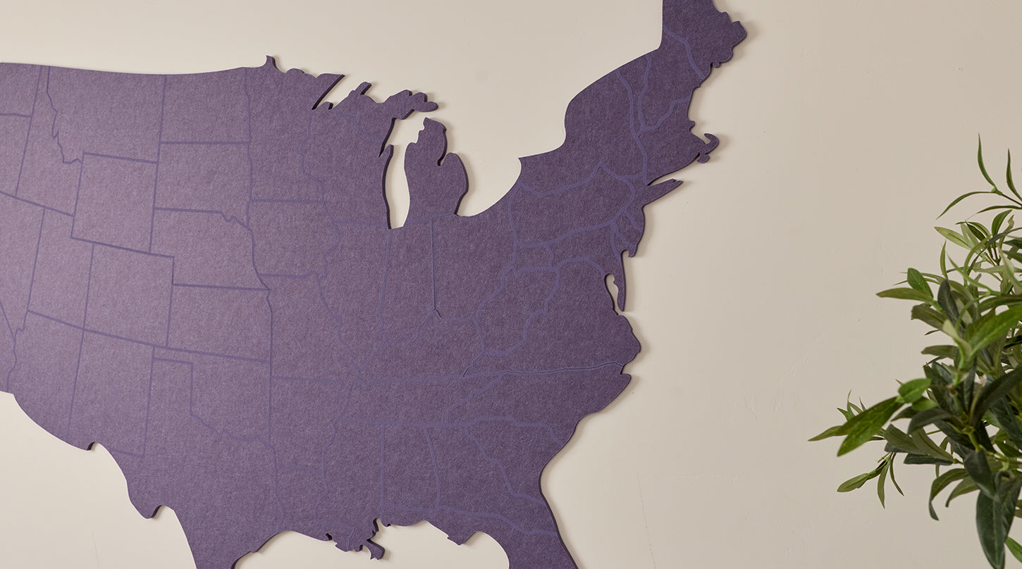 Purple map of the United States on a beige wall with a plant to the right.