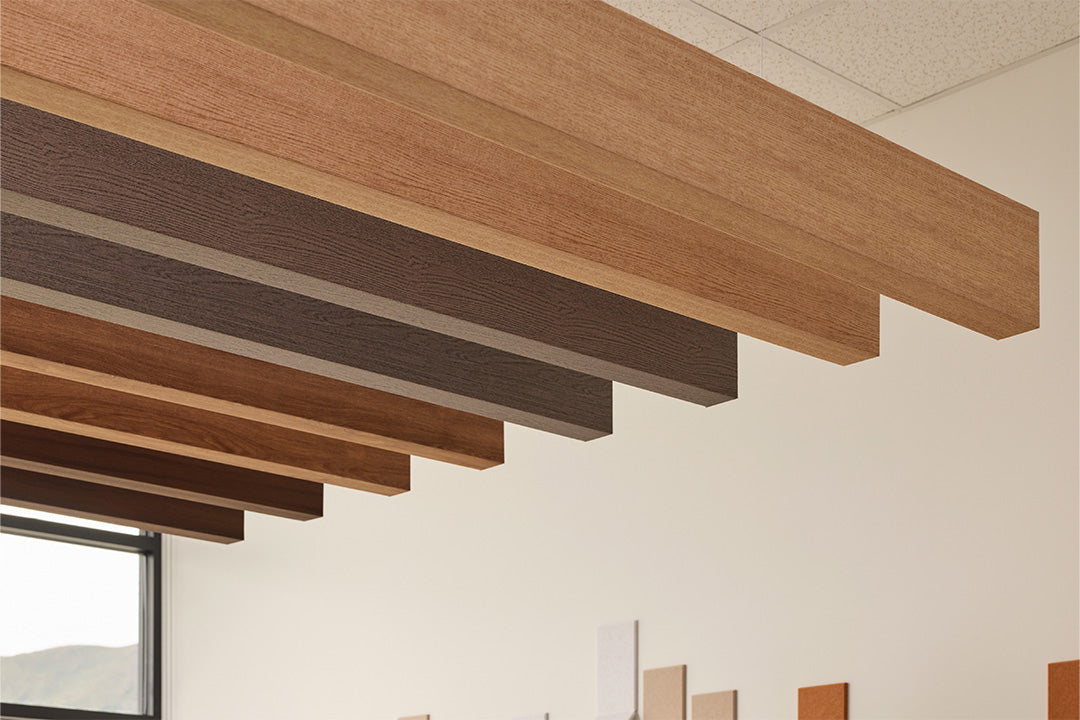 Felt acoustic wood grain ceiling beams in a modern interior setting