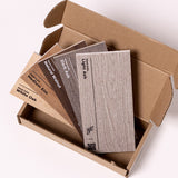 Printed wood grains on felt samples in cardboard box