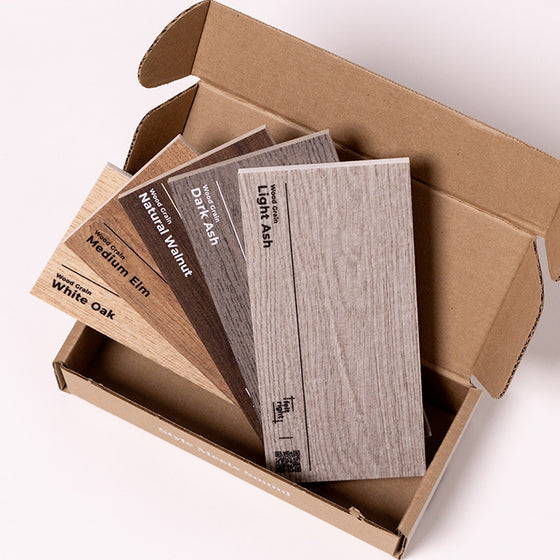 Printed wood grains on felt samples in cardboard box