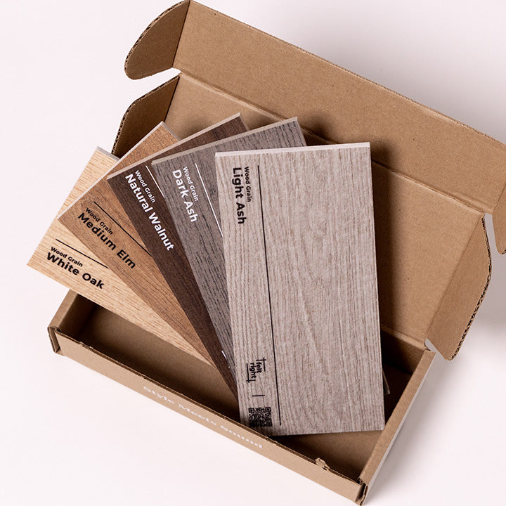 Printed wood grains on felt samples in cardboard box