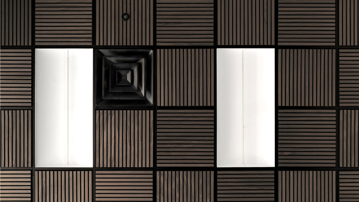 Modern geometric wall paneling featuring dark brown wood slats, black frames, and two large vertical white rectangular inserts.