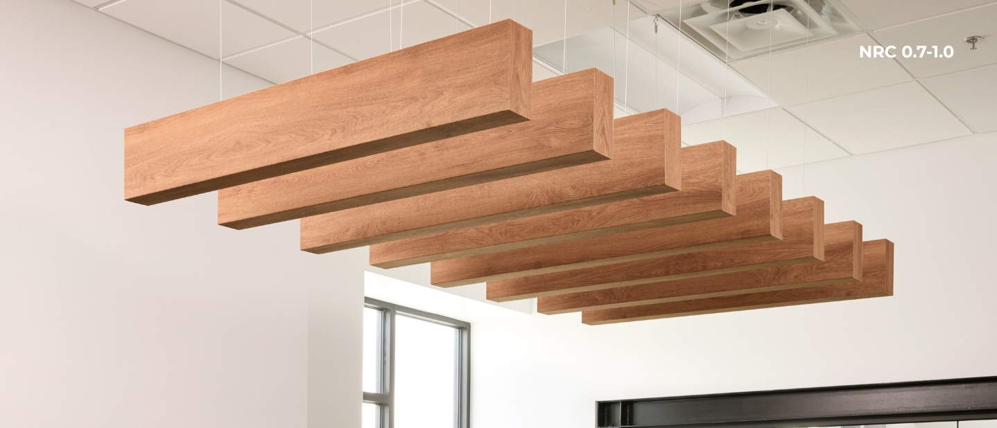 Wooden ceiling panels in a modern office setting