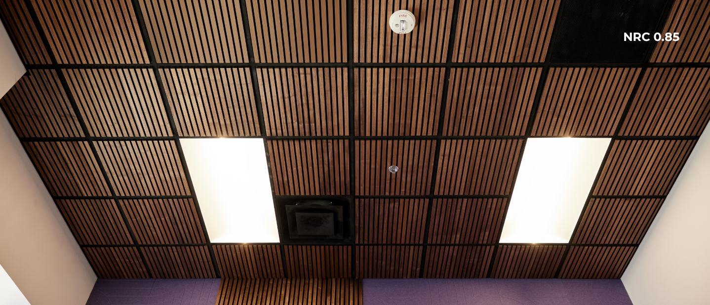 Wooden slat ceiling with recessed lights