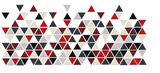 Geometric pattern of small triangles in red, navy, burgundy, beige, and gray arranged in rows.