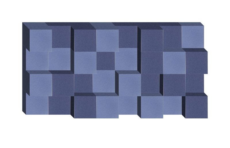 Three-dimensional geometric design with alternating light and dark blue cubic blocks arranged in an abstract pattern.
