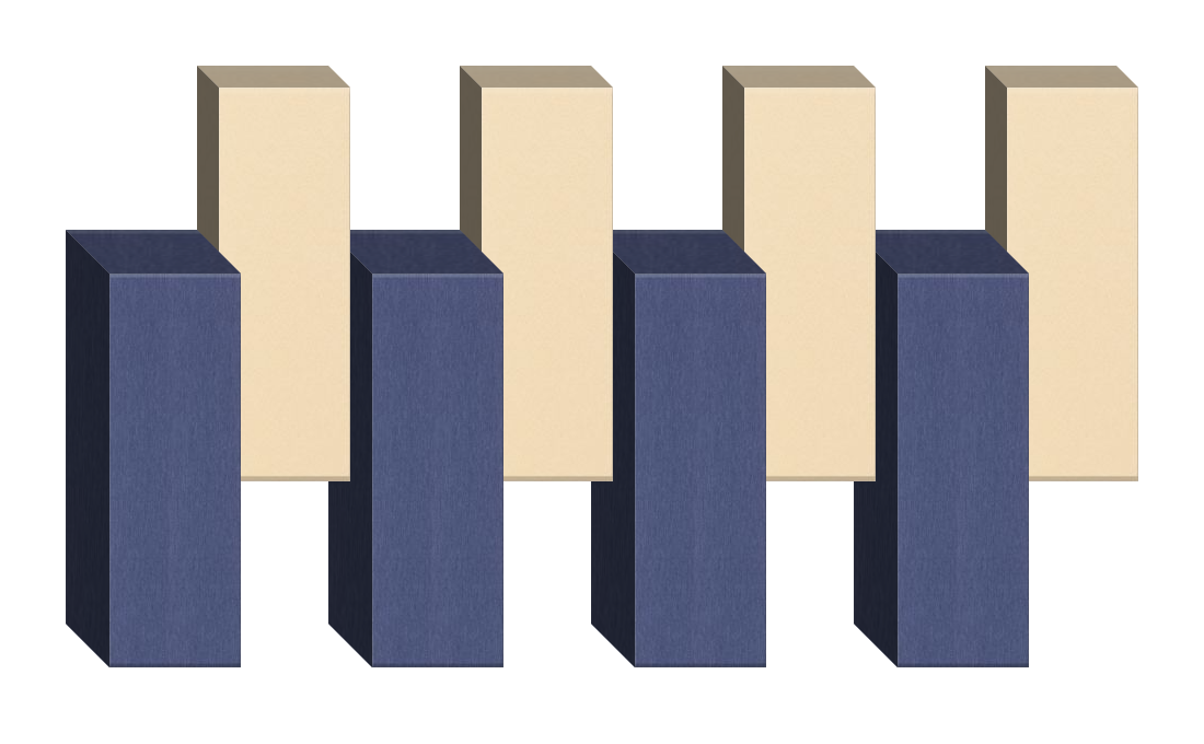 Four vertical rectangular blocks in dark blue and cream alternating colors arranged in a row.