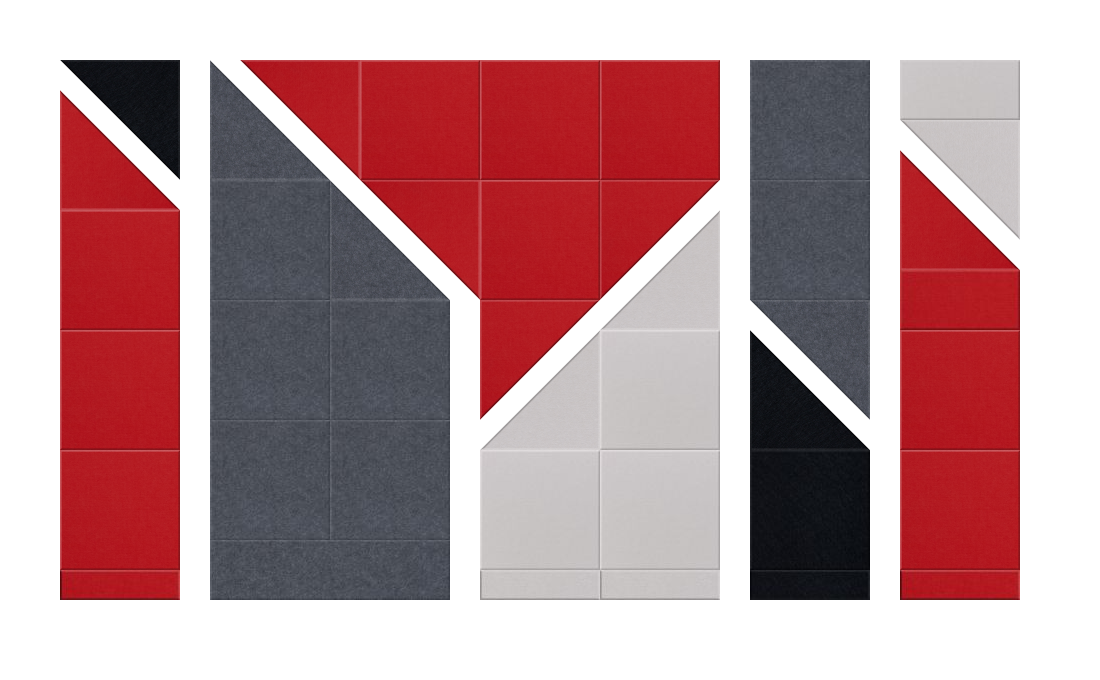 Geometric tile pattern featuring red, dark gray, light gray, and black sections with diagonal white stripes.