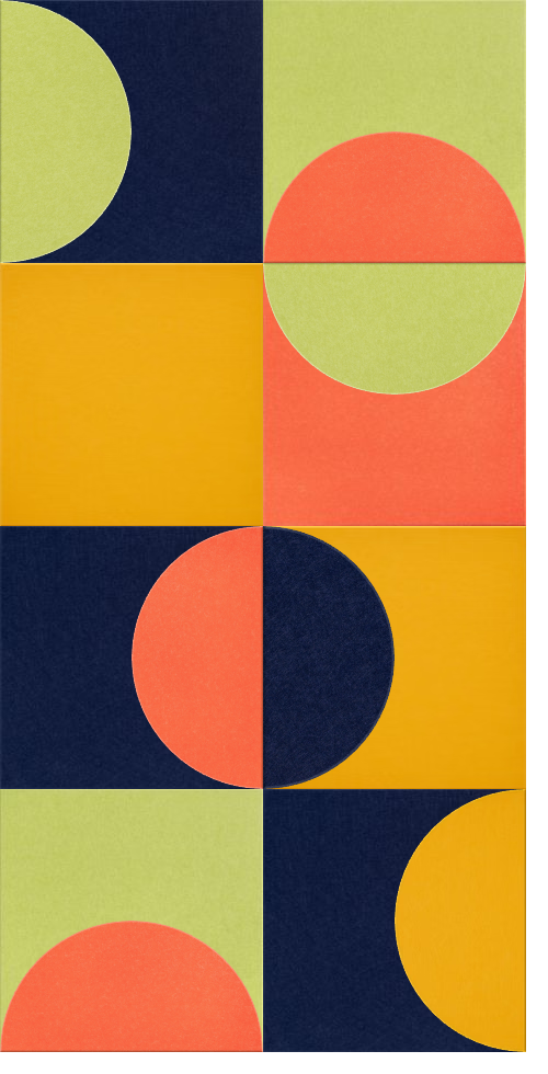 Geometric wall design with overlapping circles in yellow, coral, navy, and lime green on a grid pattern.