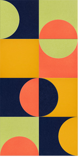 Geometric wall design with overlapping circles in yellow, coral, navy, and lime green on a grid pattern.