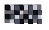 Three-dimensional wall art composed of protruding square blocks in black, gray, and white arranged in a checkered pattern.