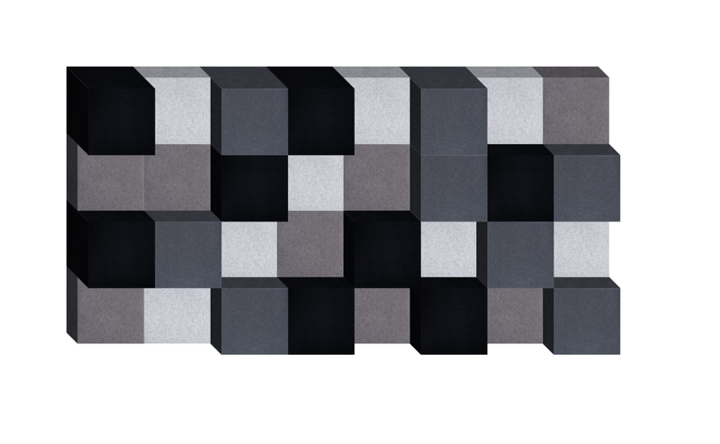 Three-dimensional wall art composed of protruding square blocks in black, gray, and white arranged in a checkered pattern.