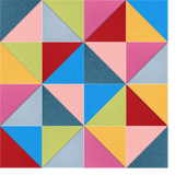 Geometric quilt pattern with colorful triangles in pink, blue, yellow, red, and green arranged in diamond shapes.