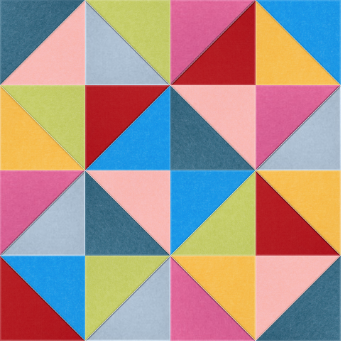 Geometric quilt pattern with colorful triangles in pink, blue, yellow, red, and green arranged in diamond shapes.