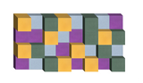 3D arrangement of stacked colorful cubes in yellow, purple, green, and blue forming an abstract geometric pattern.
