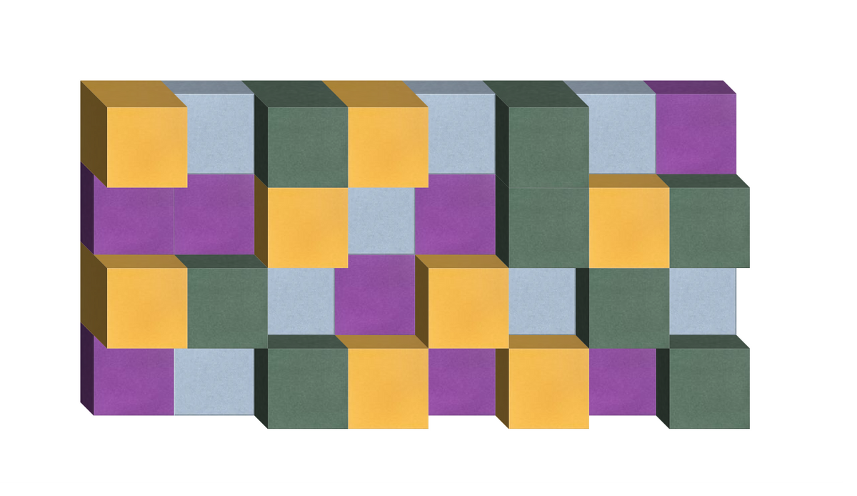 3D arrangement of stacked colorful cubes in yellow, purple, green, and blue forming an abstract geometric pattern.