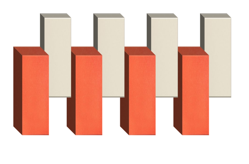 Four red rectangular prisms alternating with four beige tall rectangular blocks in 3D geometric arrangement.