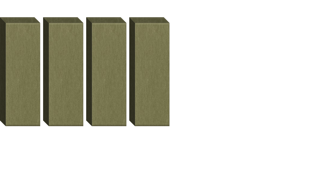 Four tall rectangular boxes with olive green textured surface and dark shadow edges.