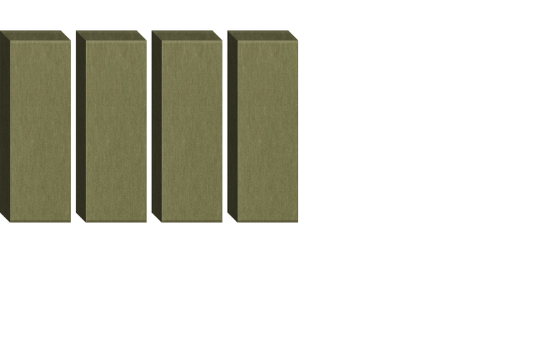 Four tall rectangular boxes with olive green textured surface and dark shadow edges.