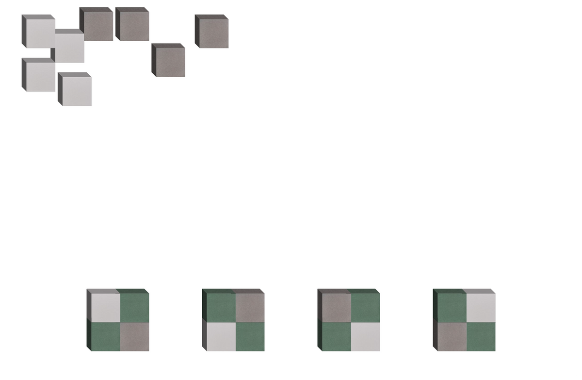 Scattered gray cubes above and four-square tile patterns in green and gray below.