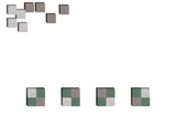 Scattered gray cubes above and four-square tile patterns in green and gray below.