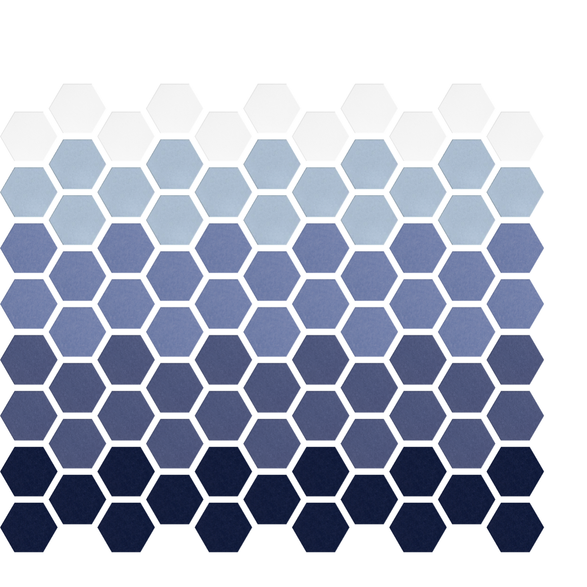 Blue hexagonal tiles arranged in gradient pattern from light gray at top to dark navy at bottom with white spacing between ti