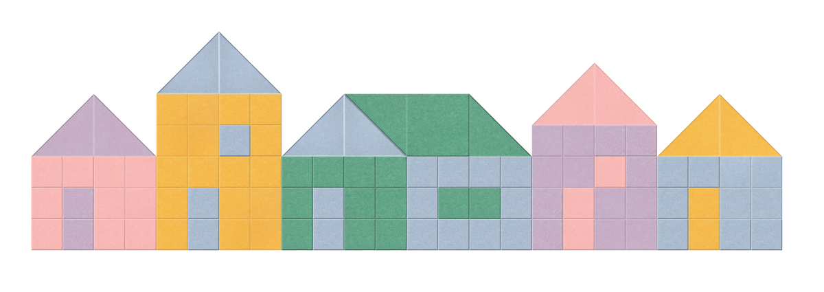 Row of five colorful geometric houses with triangular roofs in pink, yellow, green, and blue tones.
