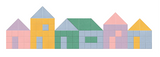 Row of five colorful geometric houses with triangular roofs in pink, yellow, green, and blue tones.