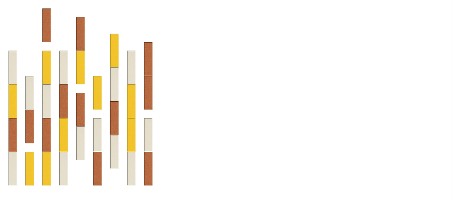 Abstract wall art composed of vertical rectangular bars in yellow, brown, cream, and tan colors arranged in varying heights.