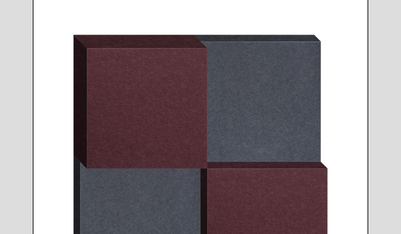 Three-dimensional geometric design with burgundy and slate blue color-blocked sections arranged in offset squares.