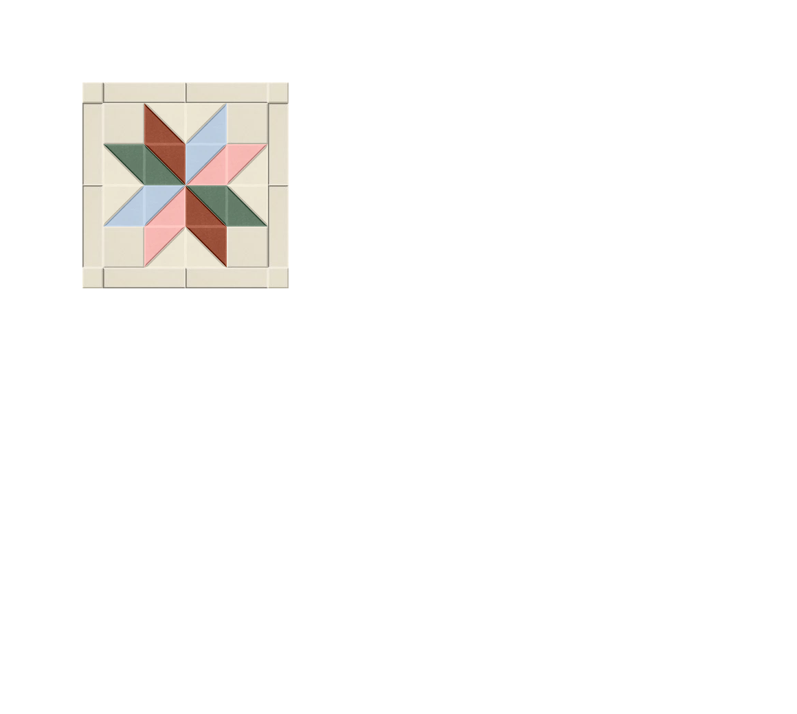 Square tile with geometric star pattern in green, brown, blue, and pink triangular sections on beige background.