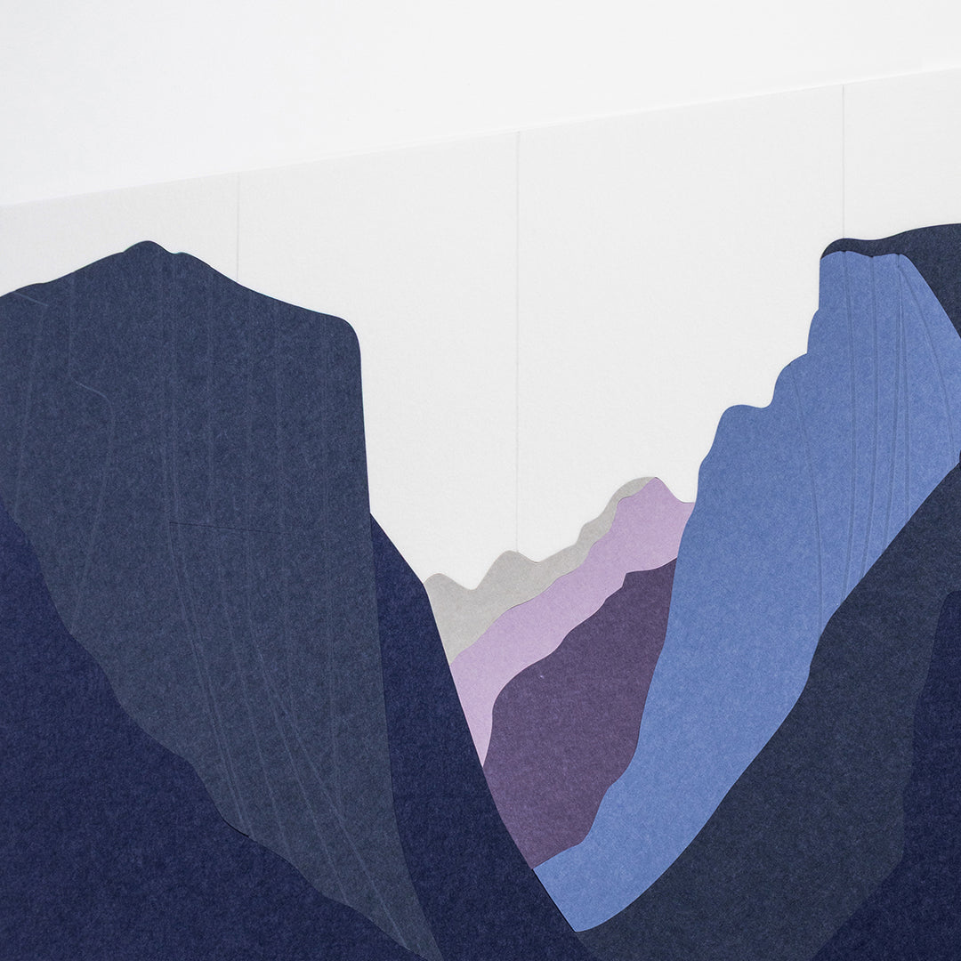 Abstract art piece with layered geometric shapes in blue, purple, and gray on a white background