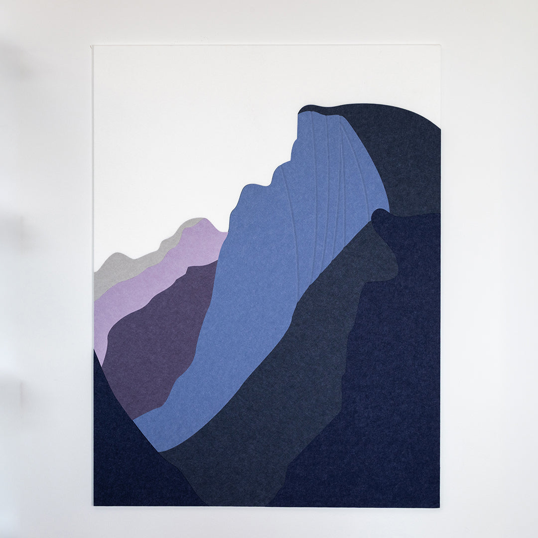 Abstract art piece with blue and purple shapes on a white background