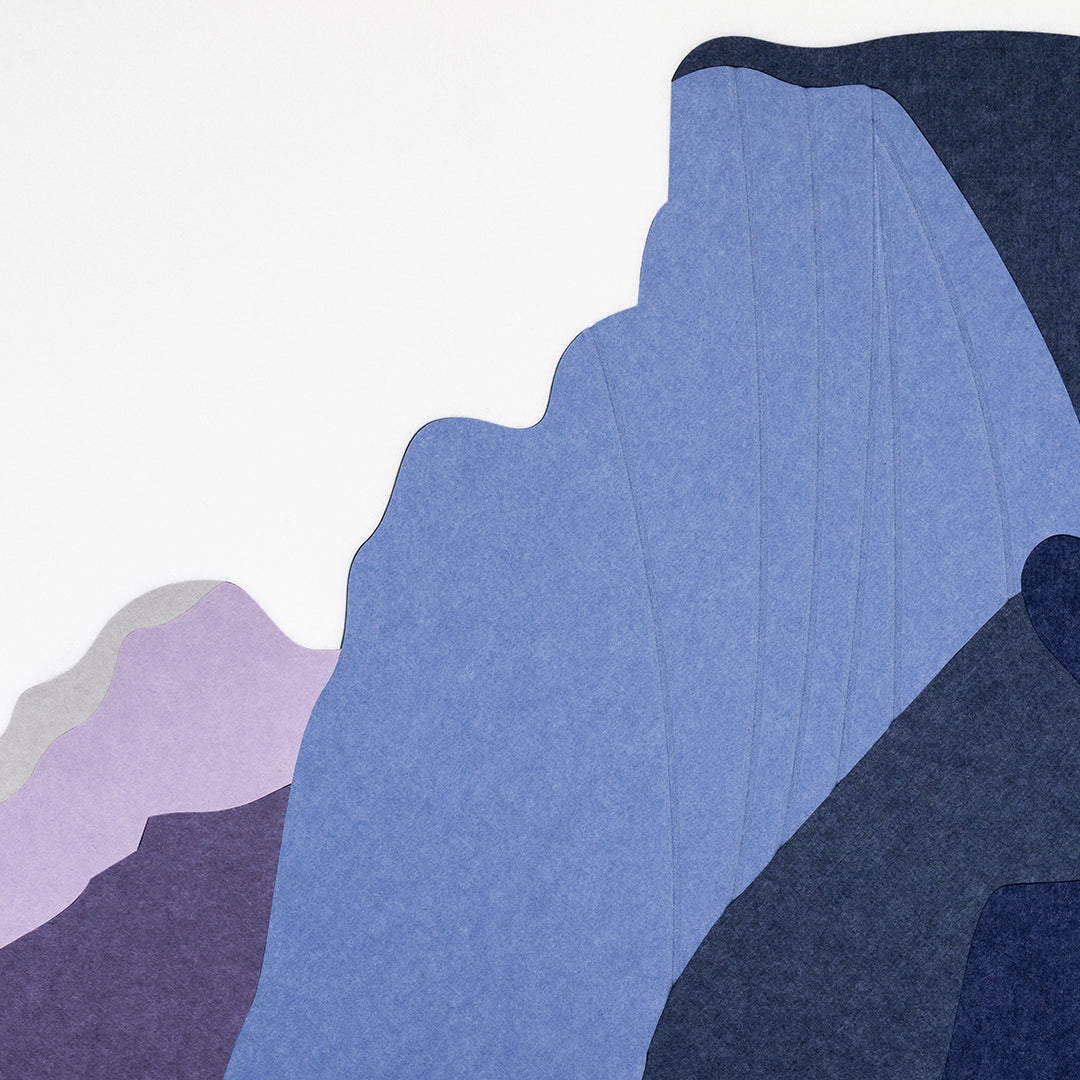 Abstract art with blue, purple, and gray shapes on a light background