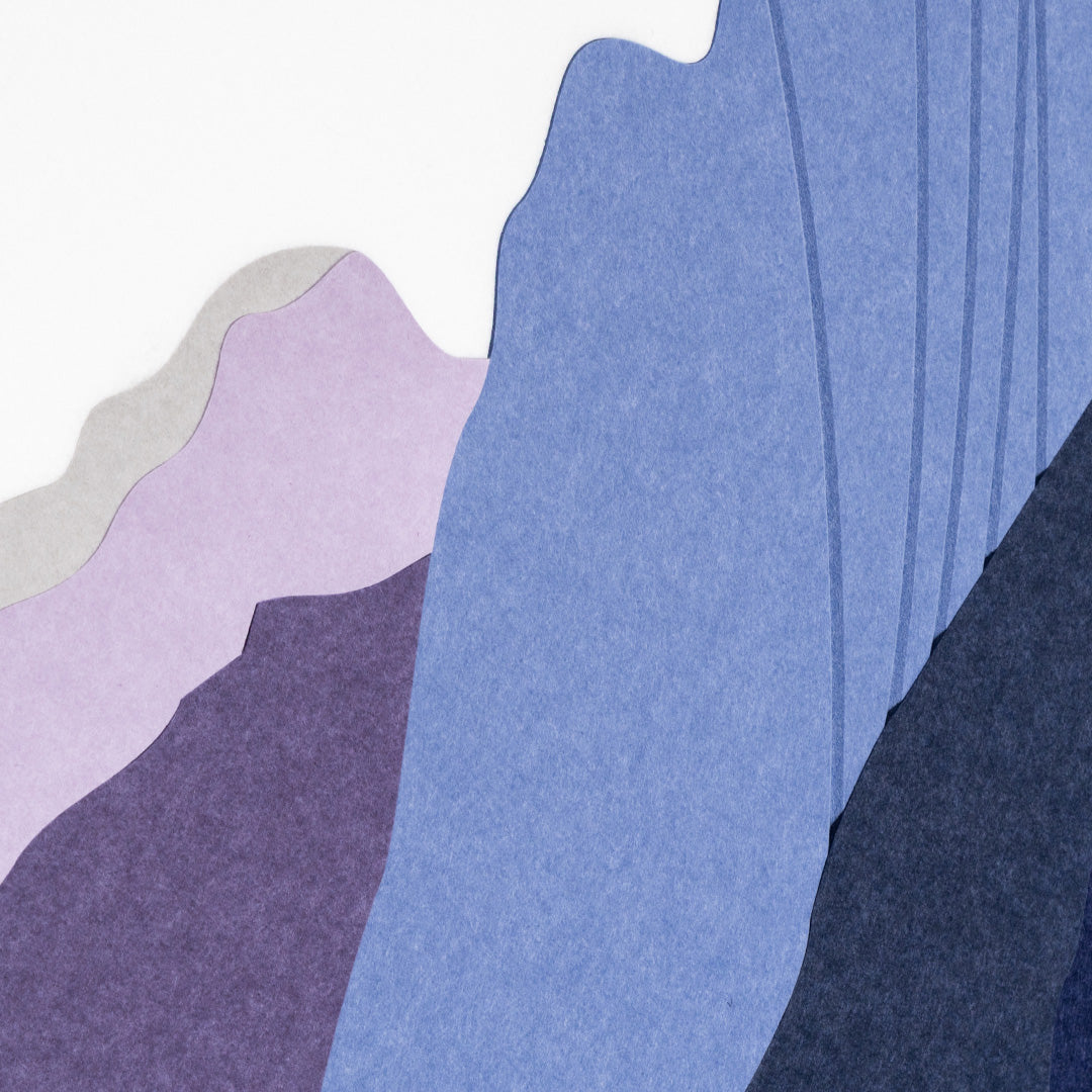 Abstract pattern of wavy shapes in blue, purple, and gray on a white background