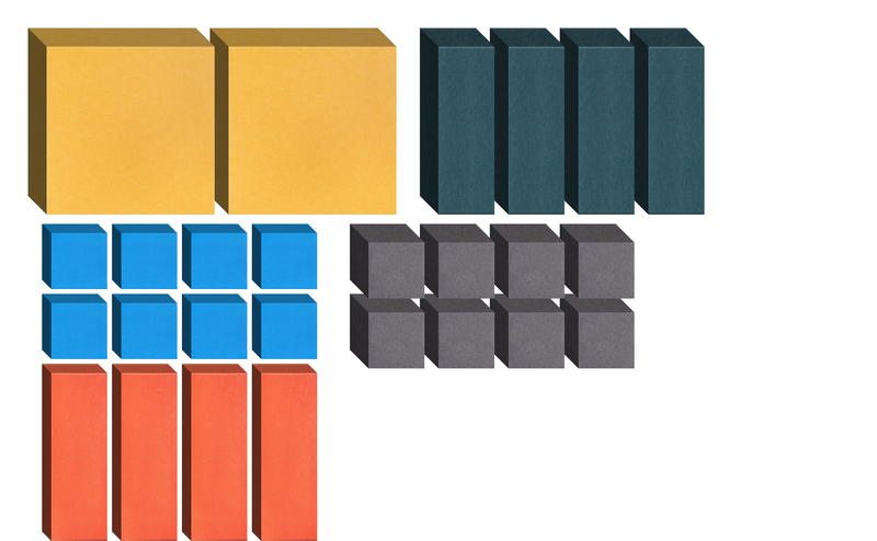 Collection of 3D cubes in yellow, blue, red, teal, and gray arranged in groups on white background.