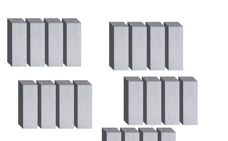 Sixteen light gray rectangular boxes with dark gray shading arranged in five groups on white background.
