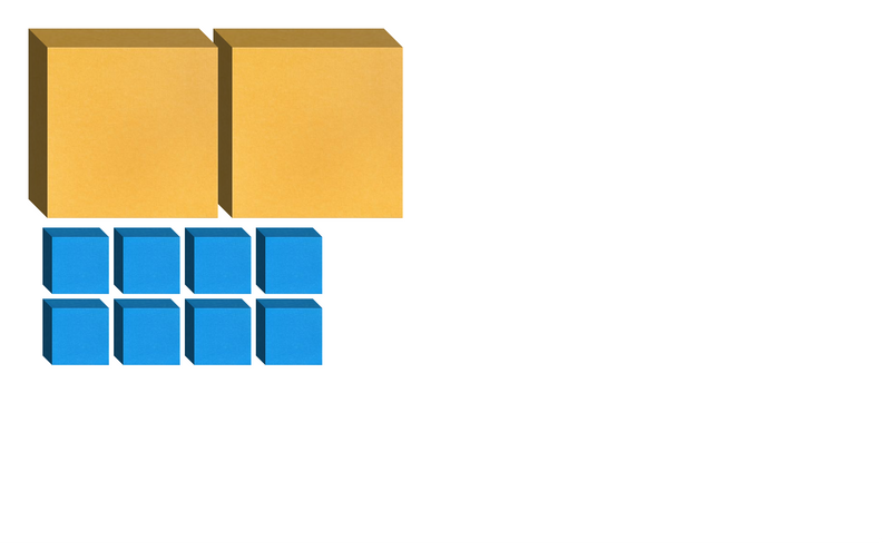 Two large yellow cubes above eight smaller blue cubes arranged in two rows.