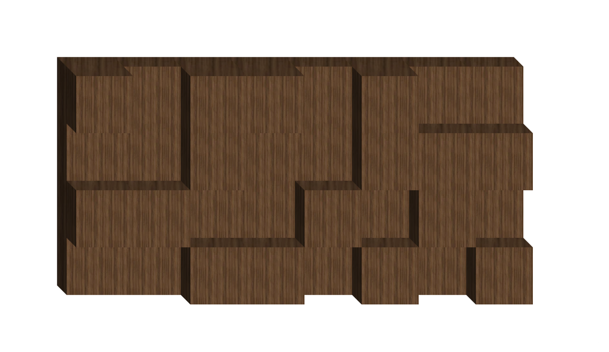 Brown wooden wall panels with geometric cutout design and vertical grain texture.