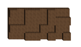 Brown wooden wall panels with geometric cutout design and vertical grain texture.