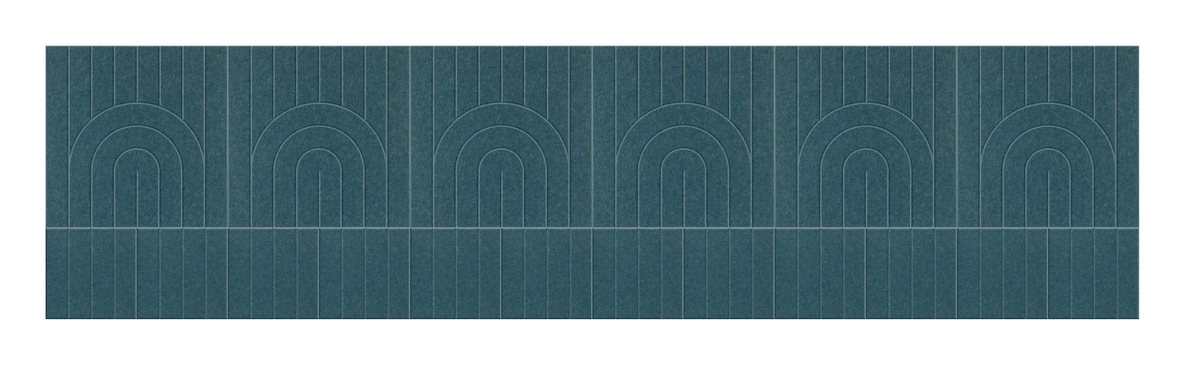 Teal wallpaper with vertical pinstripes and repeating arch pattern in lighter tone.
