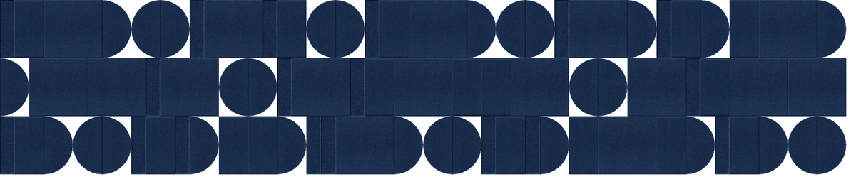 Navy blue geometric pattern with white circles and curved shapes arranged in repeating rows.