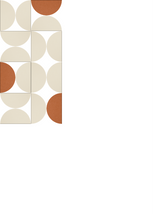 Rectangular rug with geometric design featuring tan and rust-colored semicircles arranged in a grid pattern on white backgrou